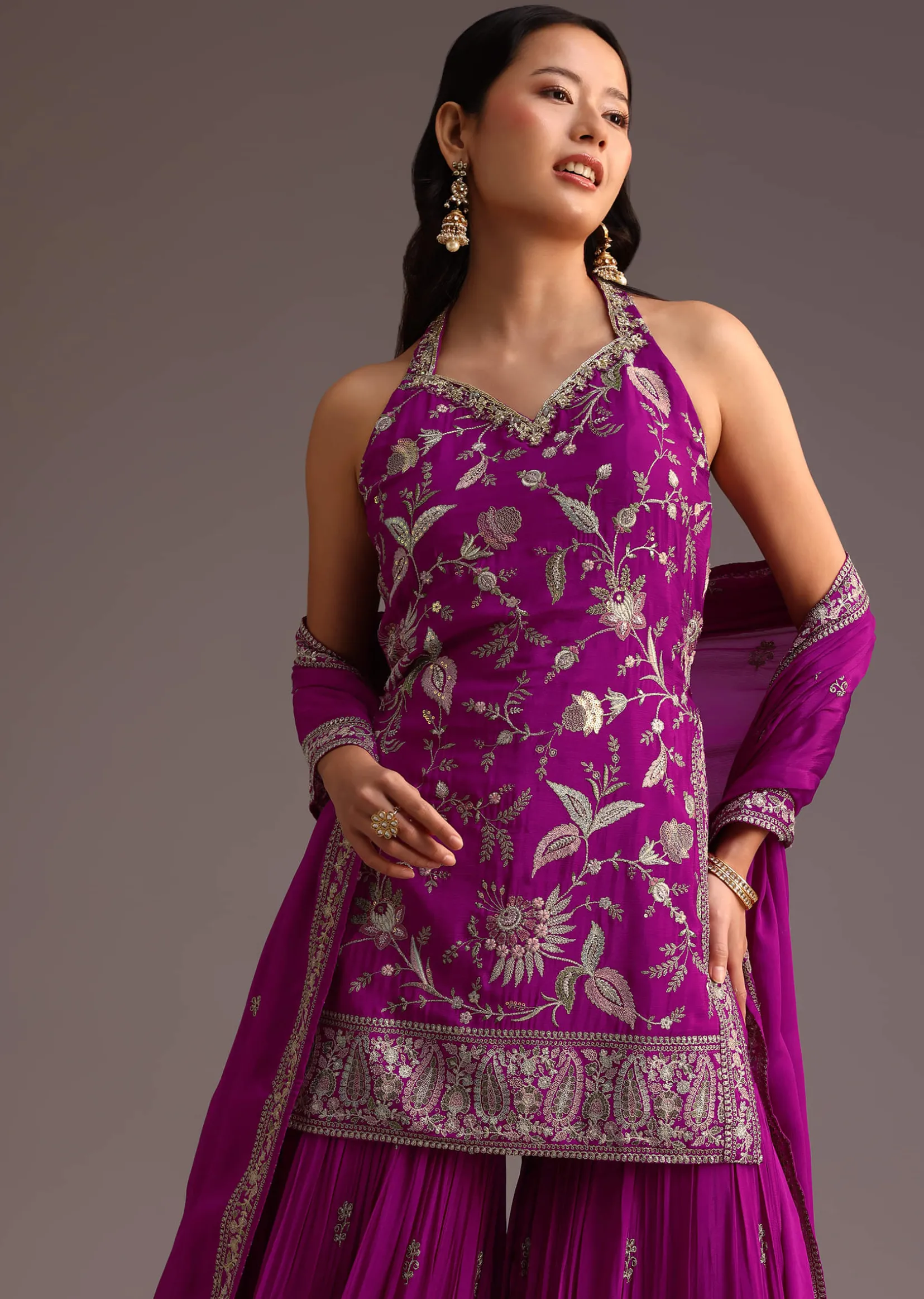 Purple Resham Work Sharara Set With Dupatta