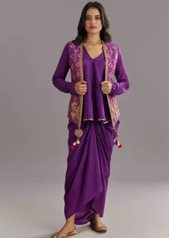 Purple Russian Silk Jacket Set With Zardosi Border and Fancy Pleated Skirt