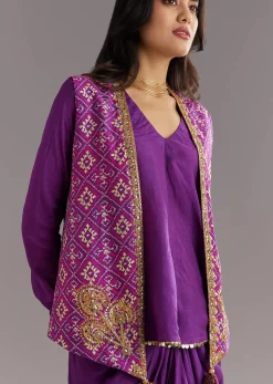 Purple Russian Silk Jacket Set With Zardosi Border and Fancy Pleated Skirt