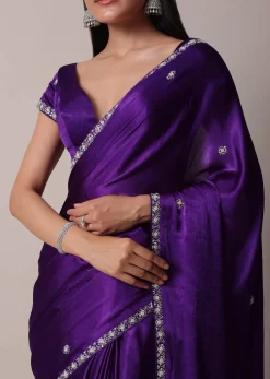 Purple Satin Chinon Saree With Stone Embellishments And Unstitched Blouse Piece