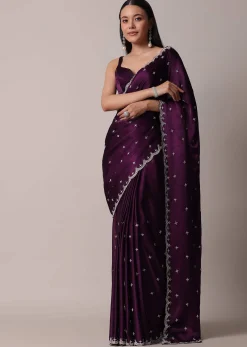 Purple Satin Chinon Saree With Stone Work And Unstitched Blouse Piece
