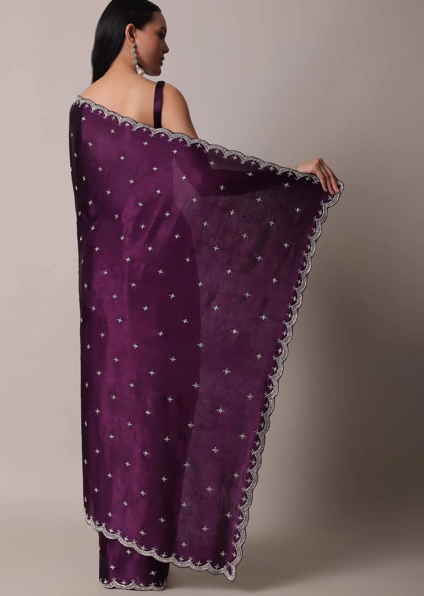 Purple Satin Chinon Saree With Stone Work And Unstitched Blouse Piece