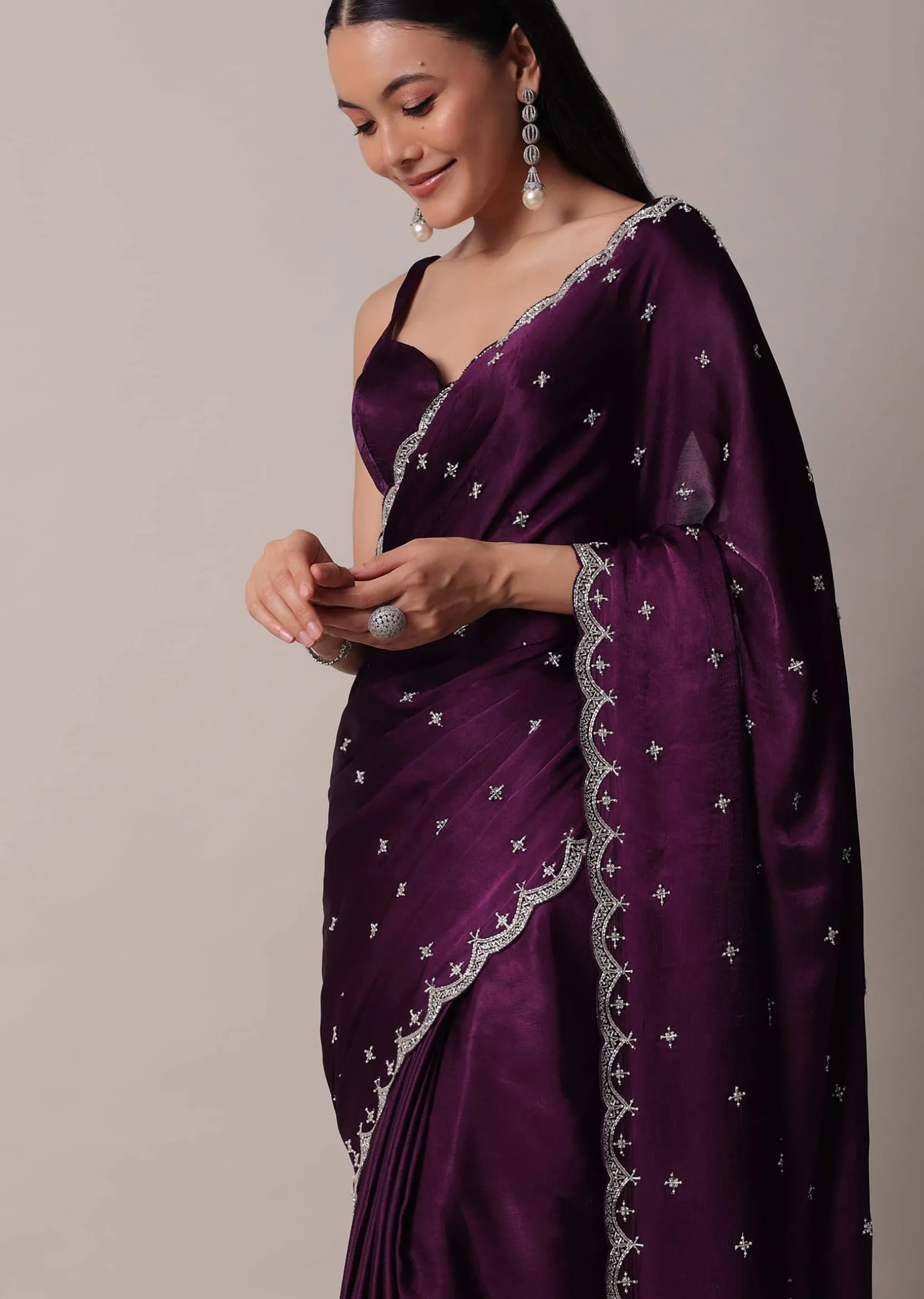 Purple Satin Chinon Saree With Stone Work And Unstitched Blouse Piece