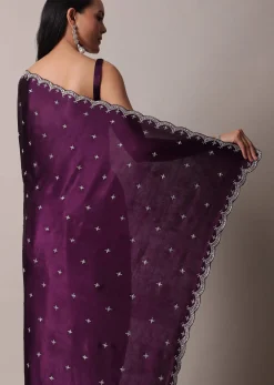 Purple Satin Chinon Saree With Stone Work And Unstitched Blouse Piece