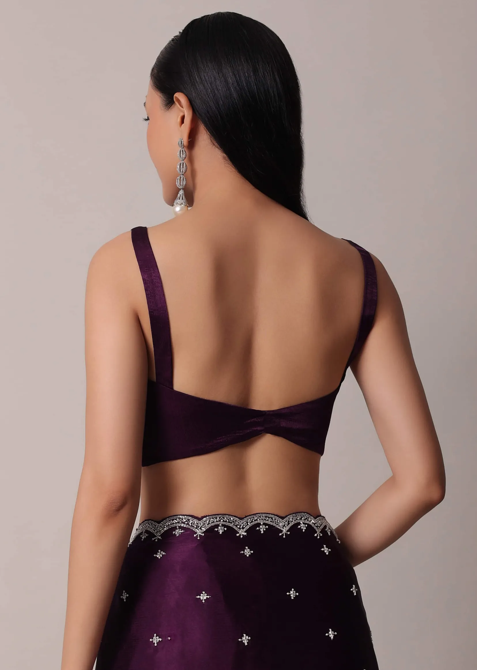 Purple Satin Chinon Saree With Stone Work And Unstitched Blouse Piece