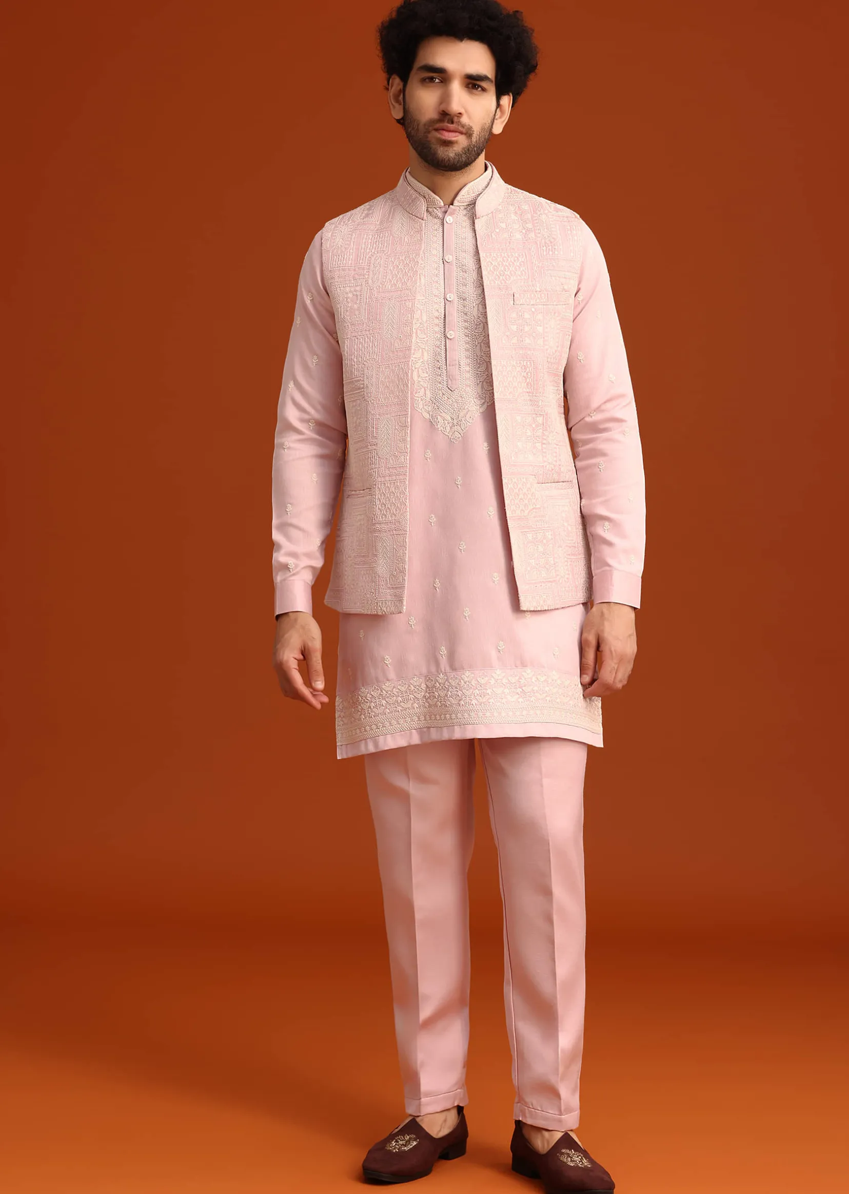 Purple Satin Embroidered Jacket Kurta Set