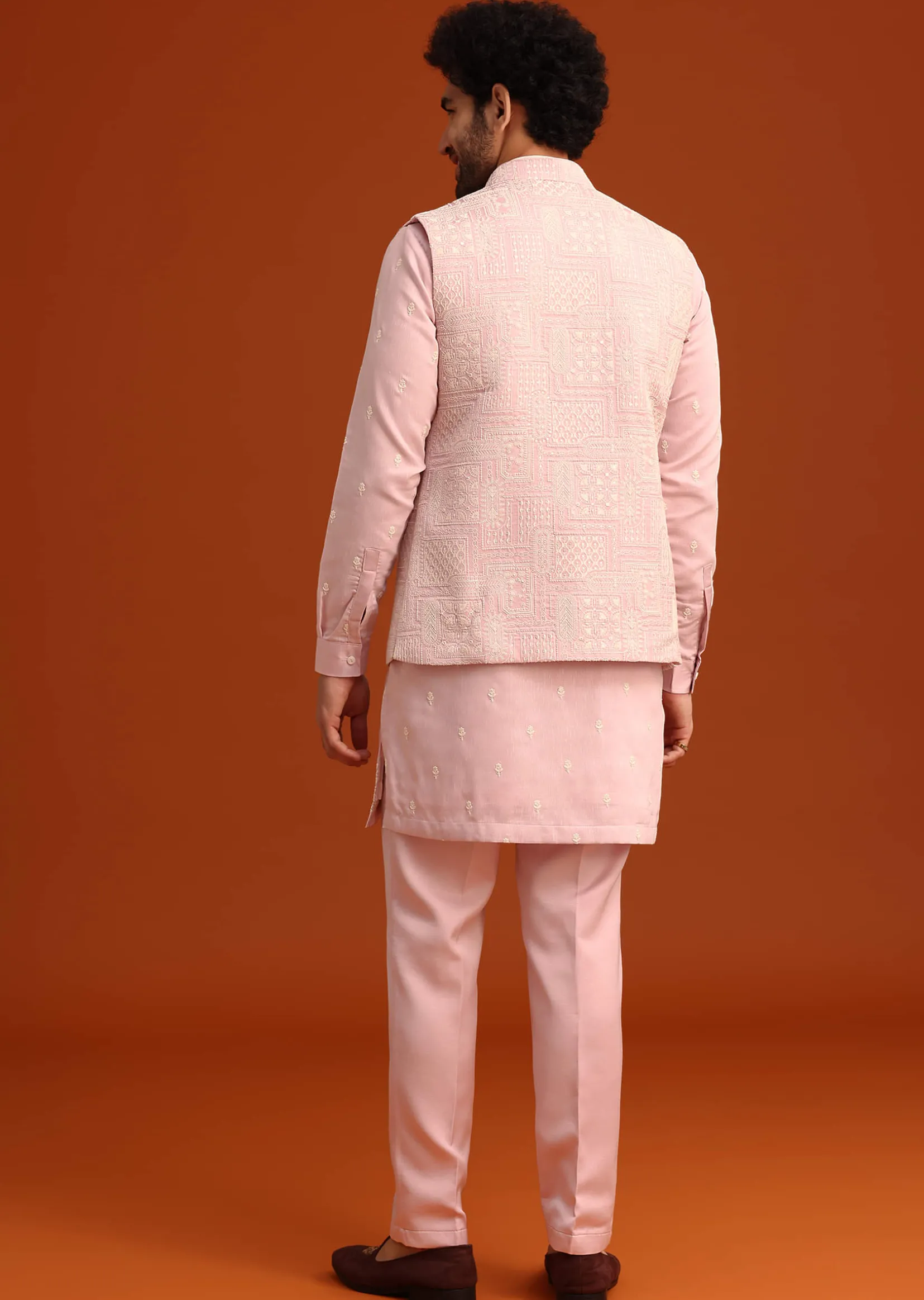 Purple Satin Embroidered Jacket Kurta Set