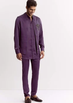Purple Satin Jacket Kurta Set With Metal Embellishment