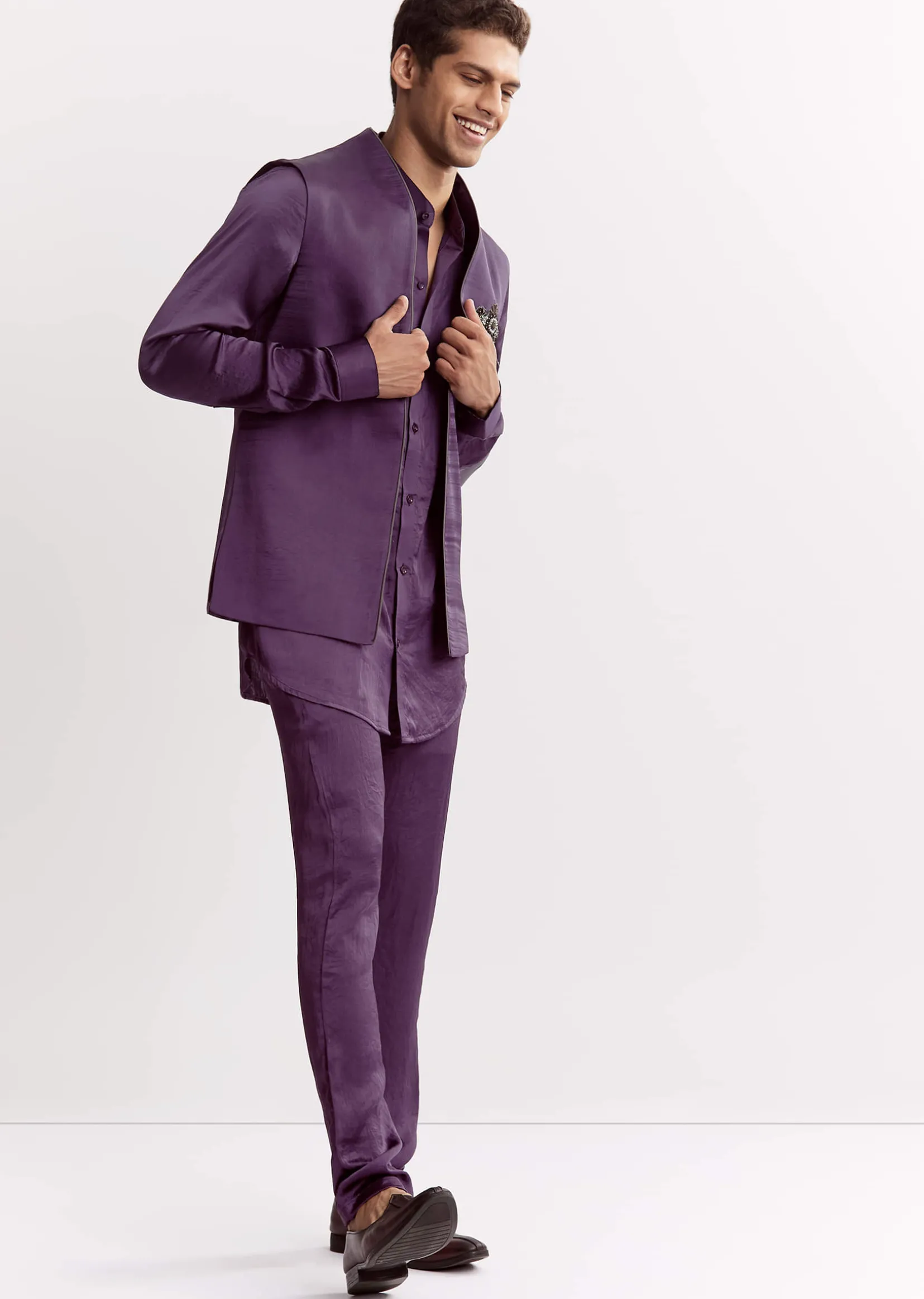 Purple Satin Jacket Kurta Set With Metal Embellishment