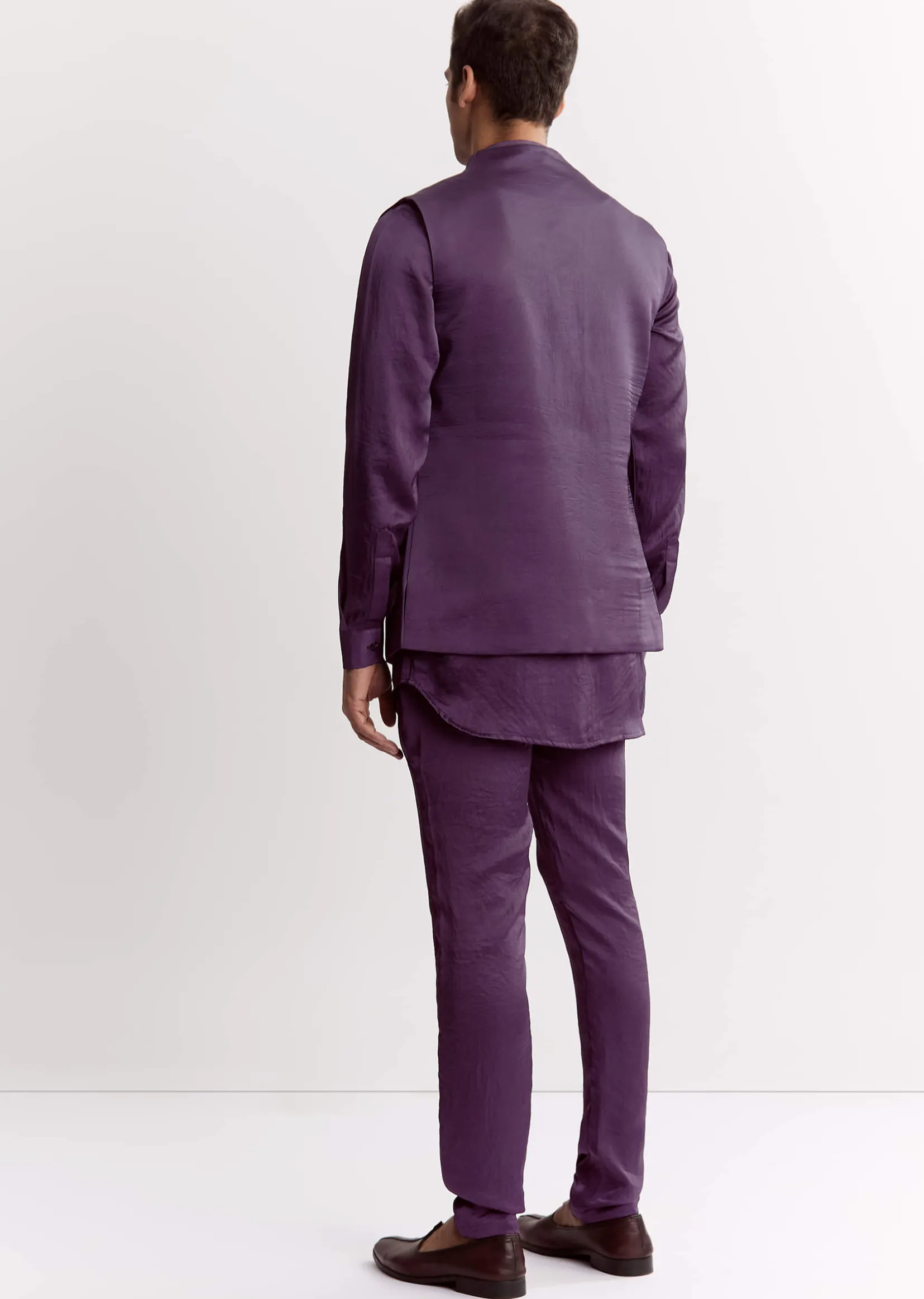 Purple Satin Jacket Kurta Set With Metal Embellishment
