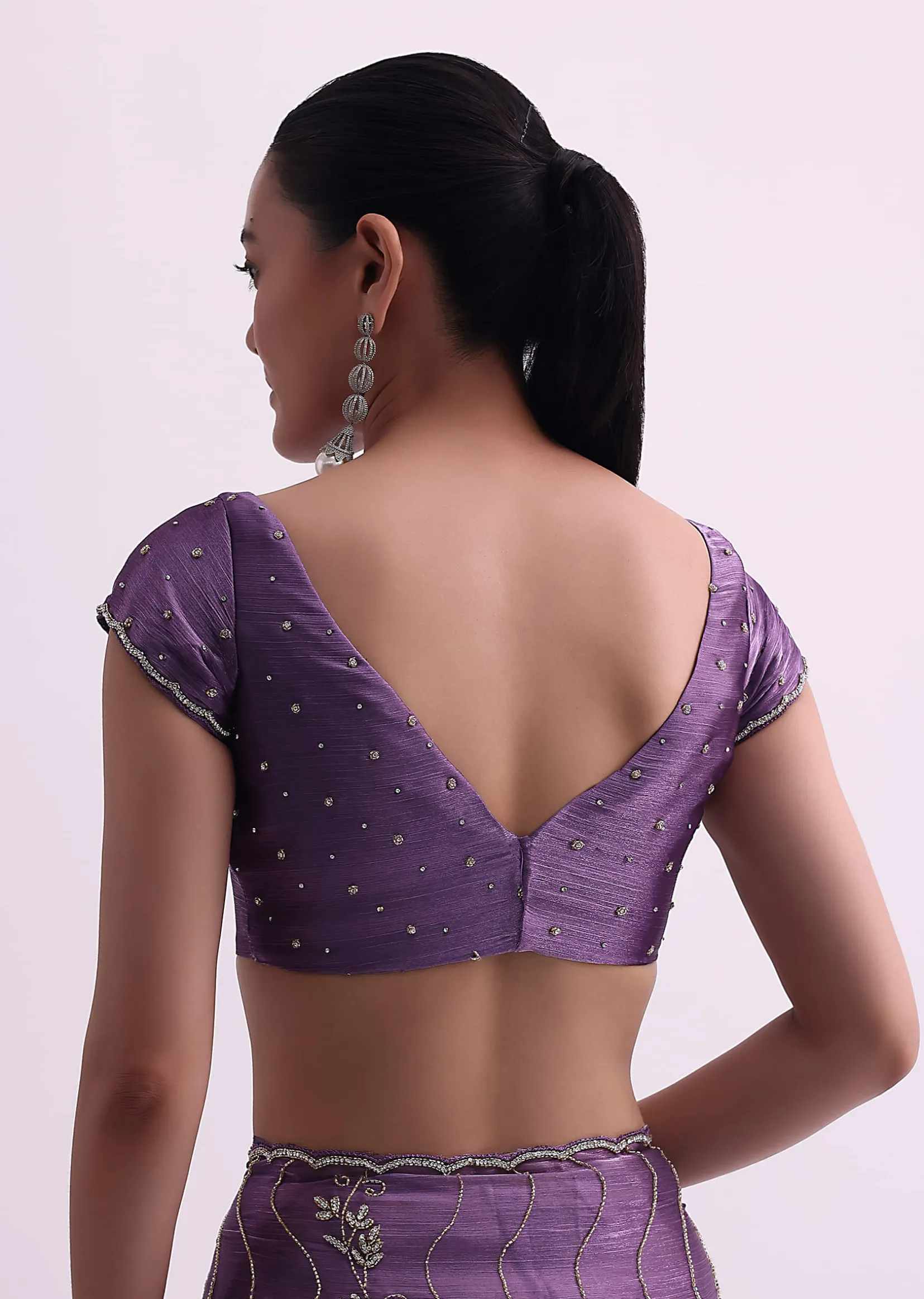 Purple Satin Saree With Cutdana Embellishment And Unstitched Blouse Fabric