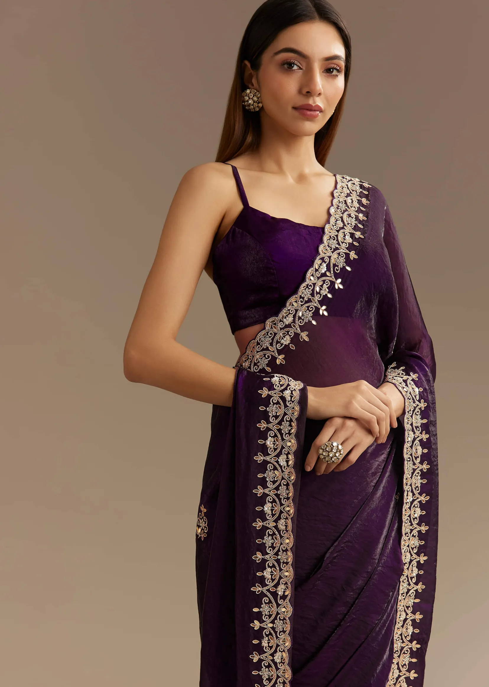 Purple Satin Saree With Gotapatti Work And Scallop Border