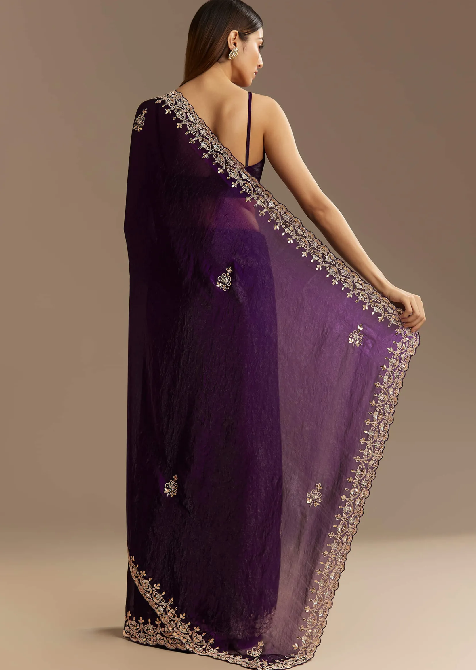 Purple Satin Saree With Gotapatti Work And Scallop Border