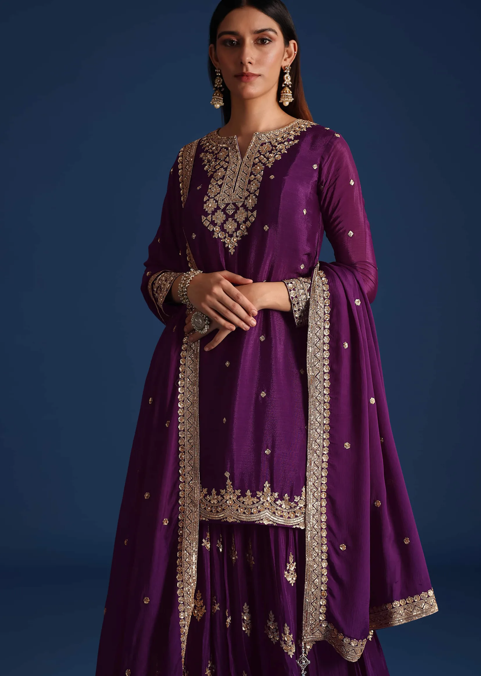 Purple Sequin Embellished Kurta And Palazzo Set