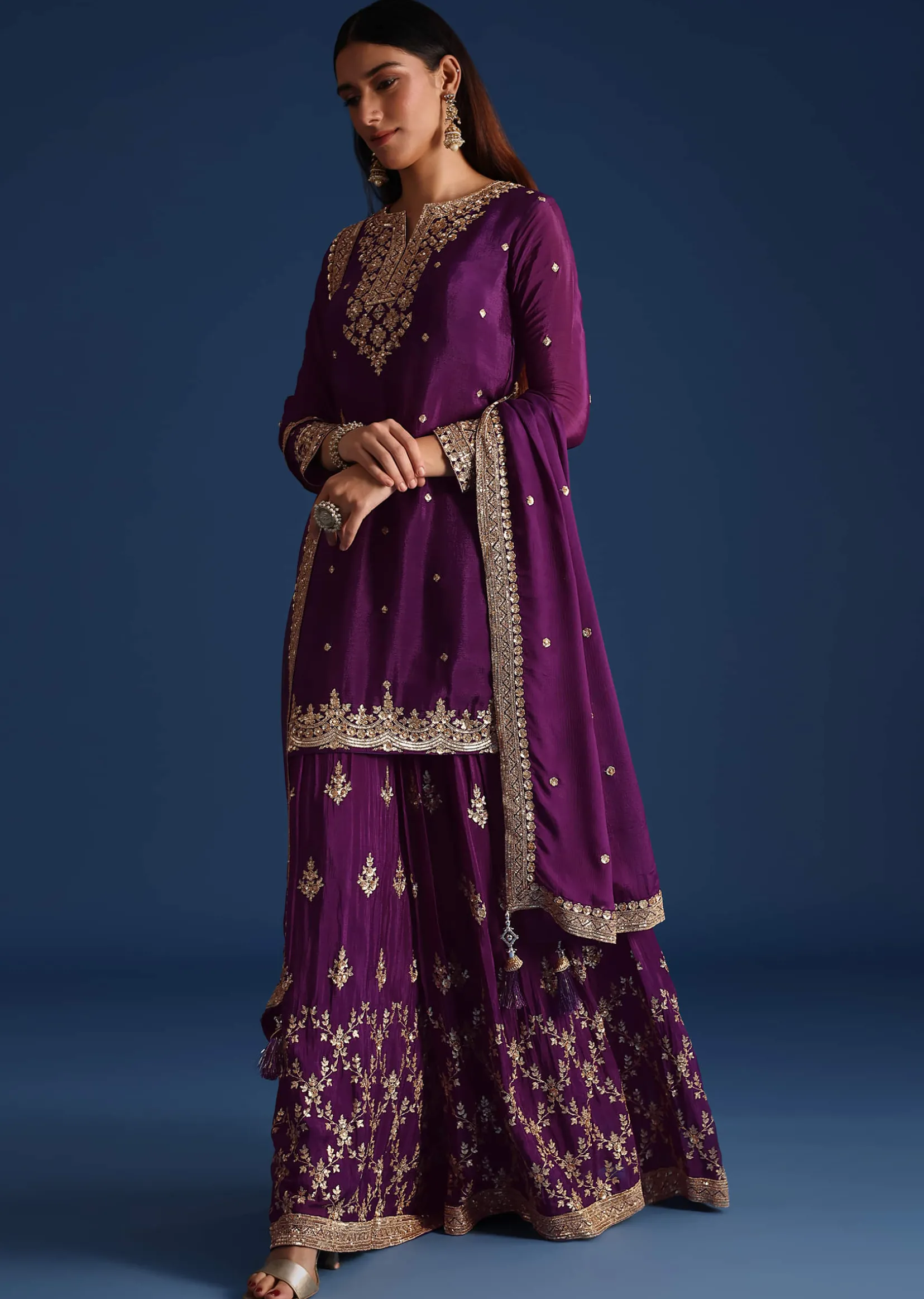 Purple Sequin Embellished Kurta And Palazzo Set