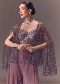 Purple Sequin Embellished Jacket And Palazzo Set