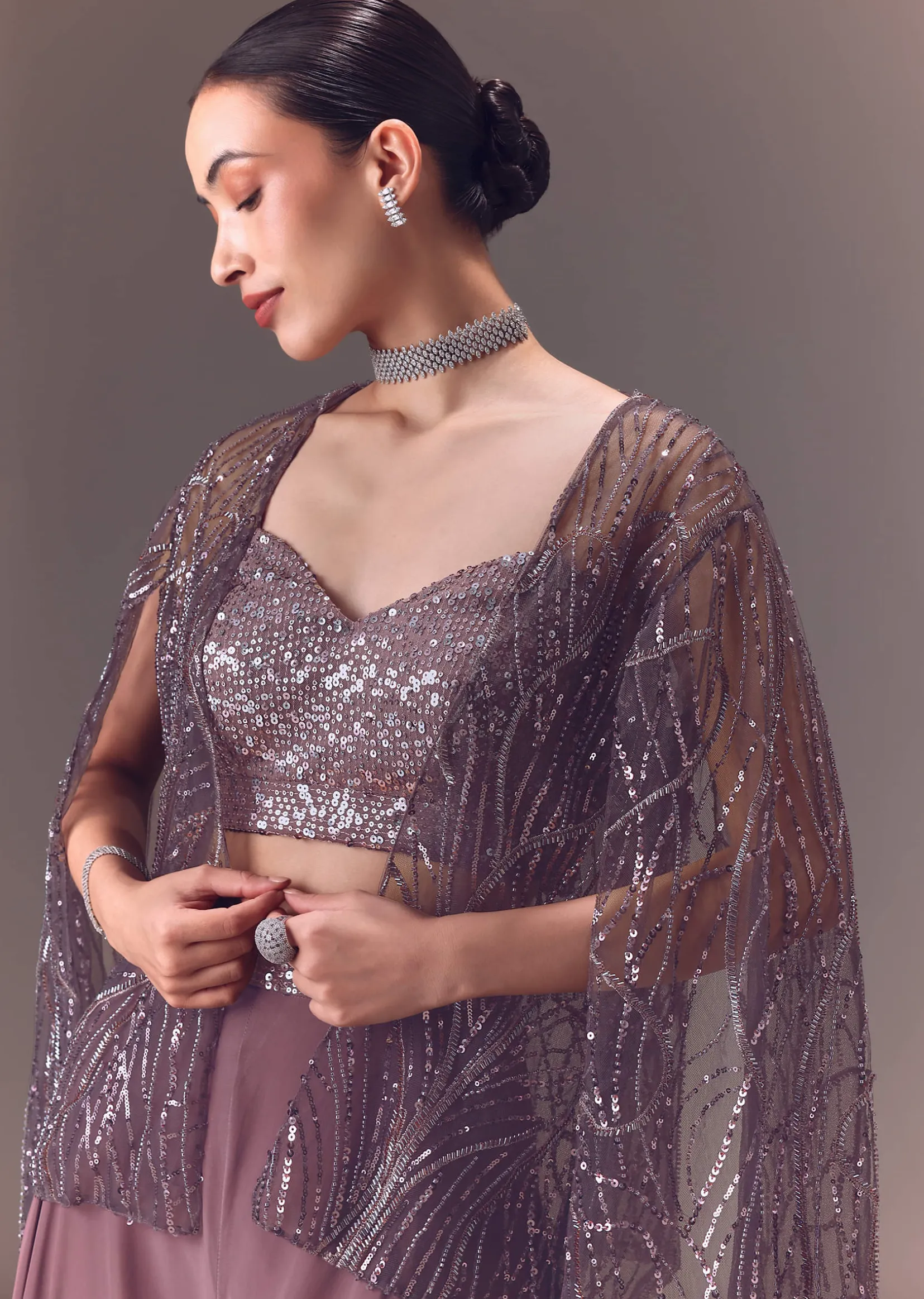 Purple Sequin Embellished Jacket And Palazzo Set