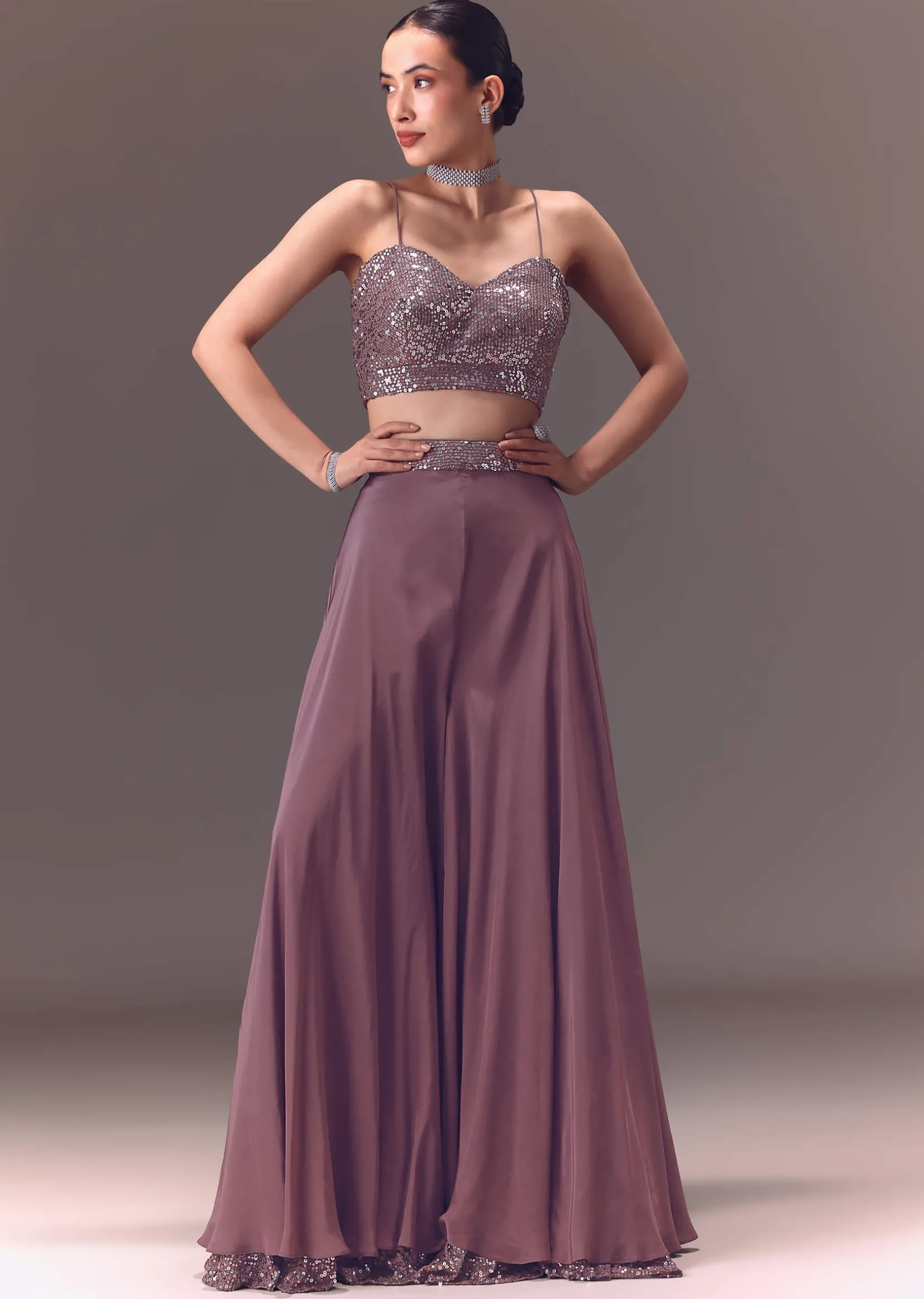 Purple Sequin Embellished Jacket And Palazzo Set