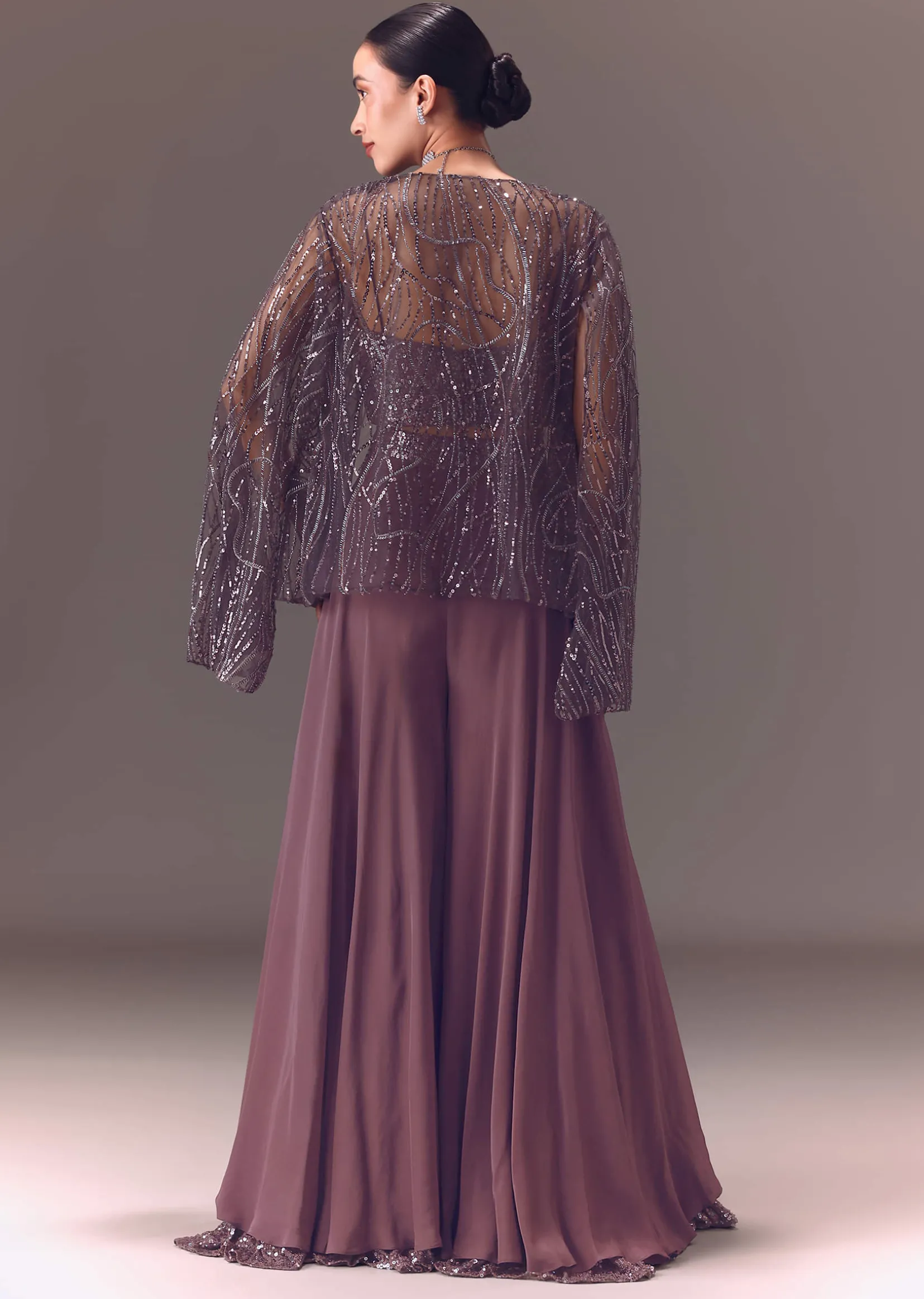Purple Sequin Embellished Jacket And Palazzo Set