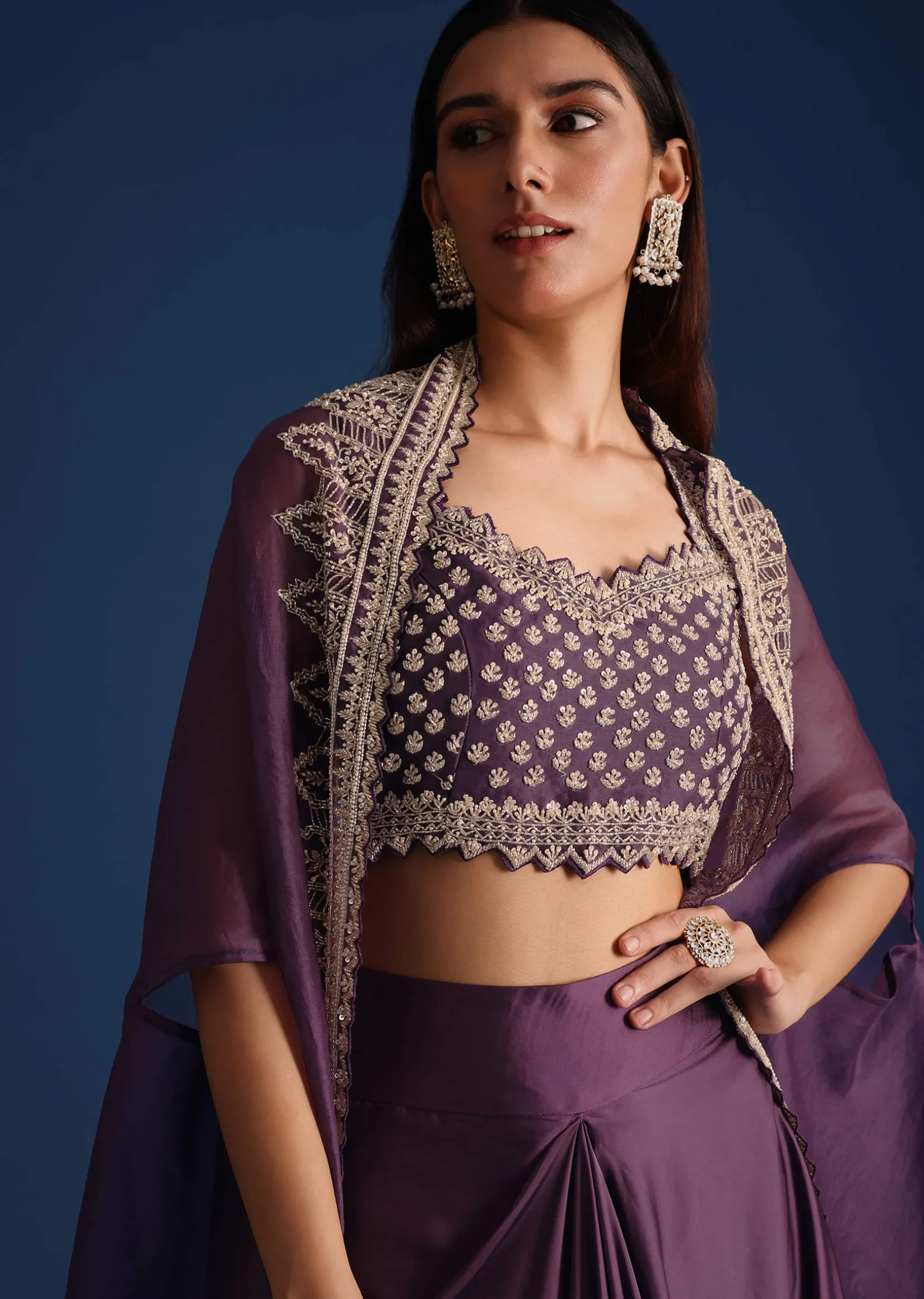Purple Sequin Work Crop Top With Jacket And Draped Skirt