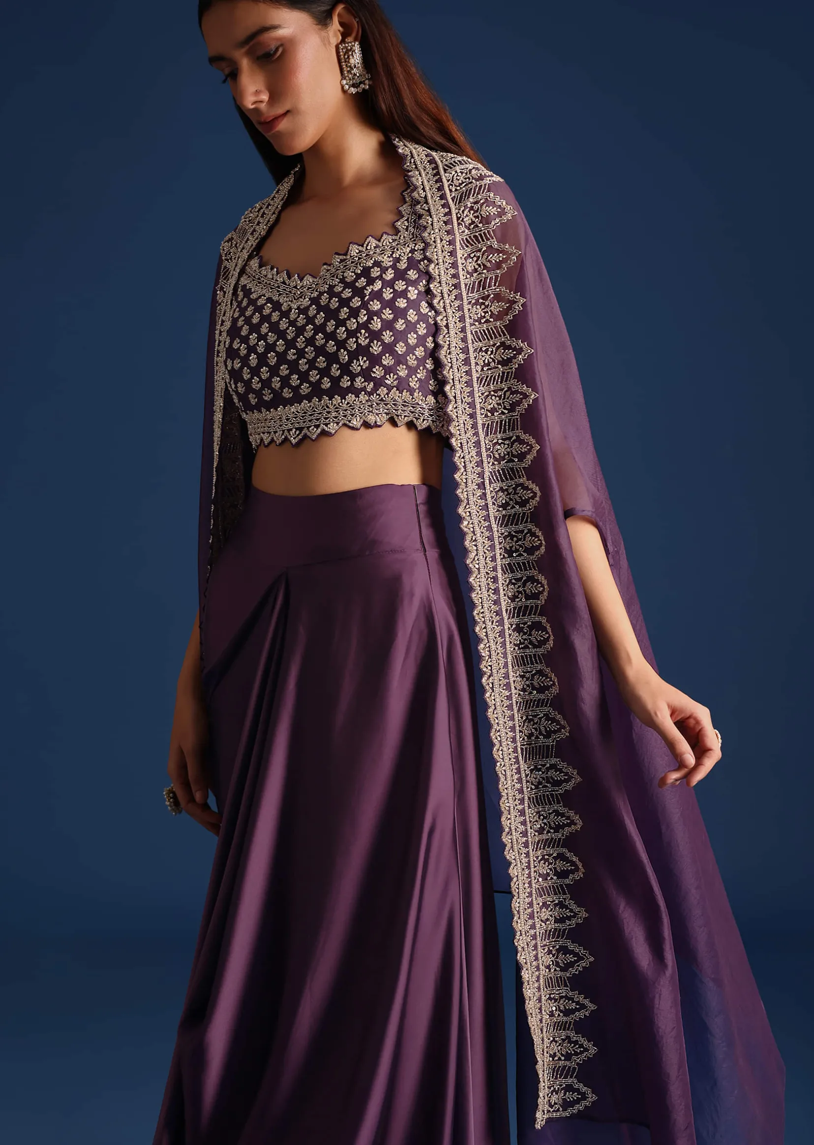 Purple Sequin Work Crop Top With Jacket And Draped Skirt
