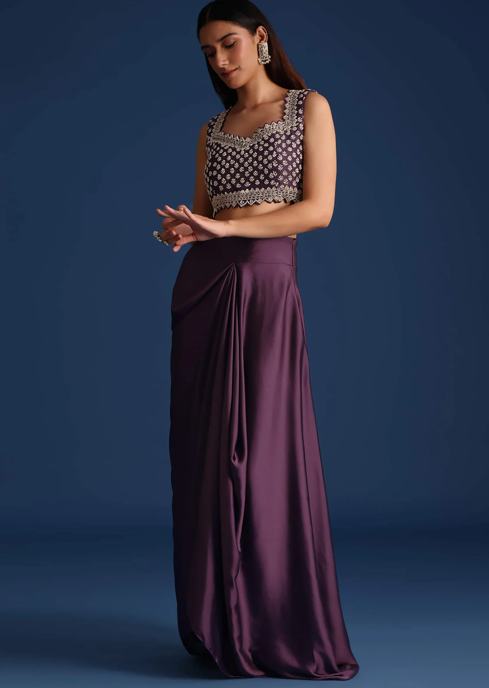 Purple Sequin Work Crop Top With Jacket And Draped Skirt