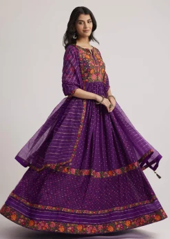 Purple Silk Bandhani Anarkali With Organza Dupatta
