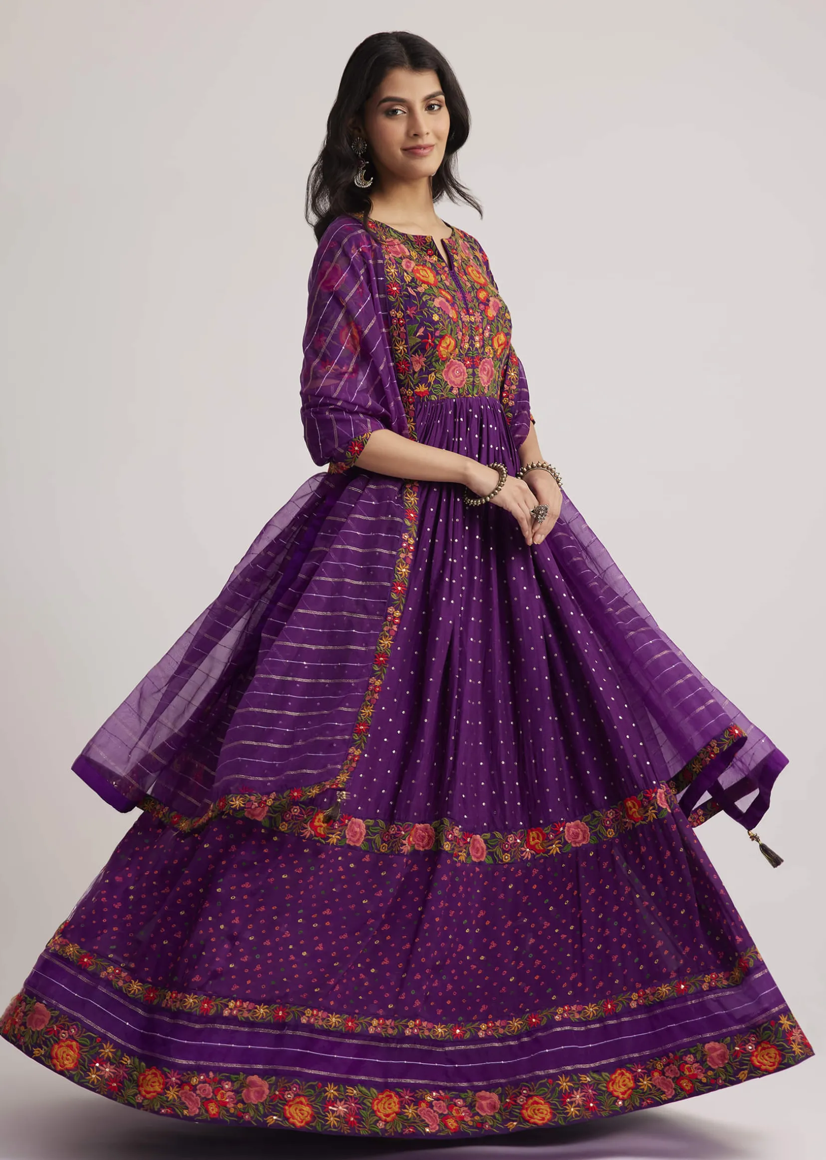 Purple Silk Bandhani Anarkali With Organza Dupatta