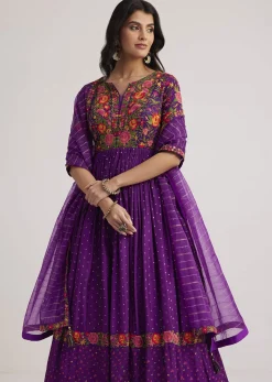 Purple Silk Bandhani Anarkali With Organza Dupatta