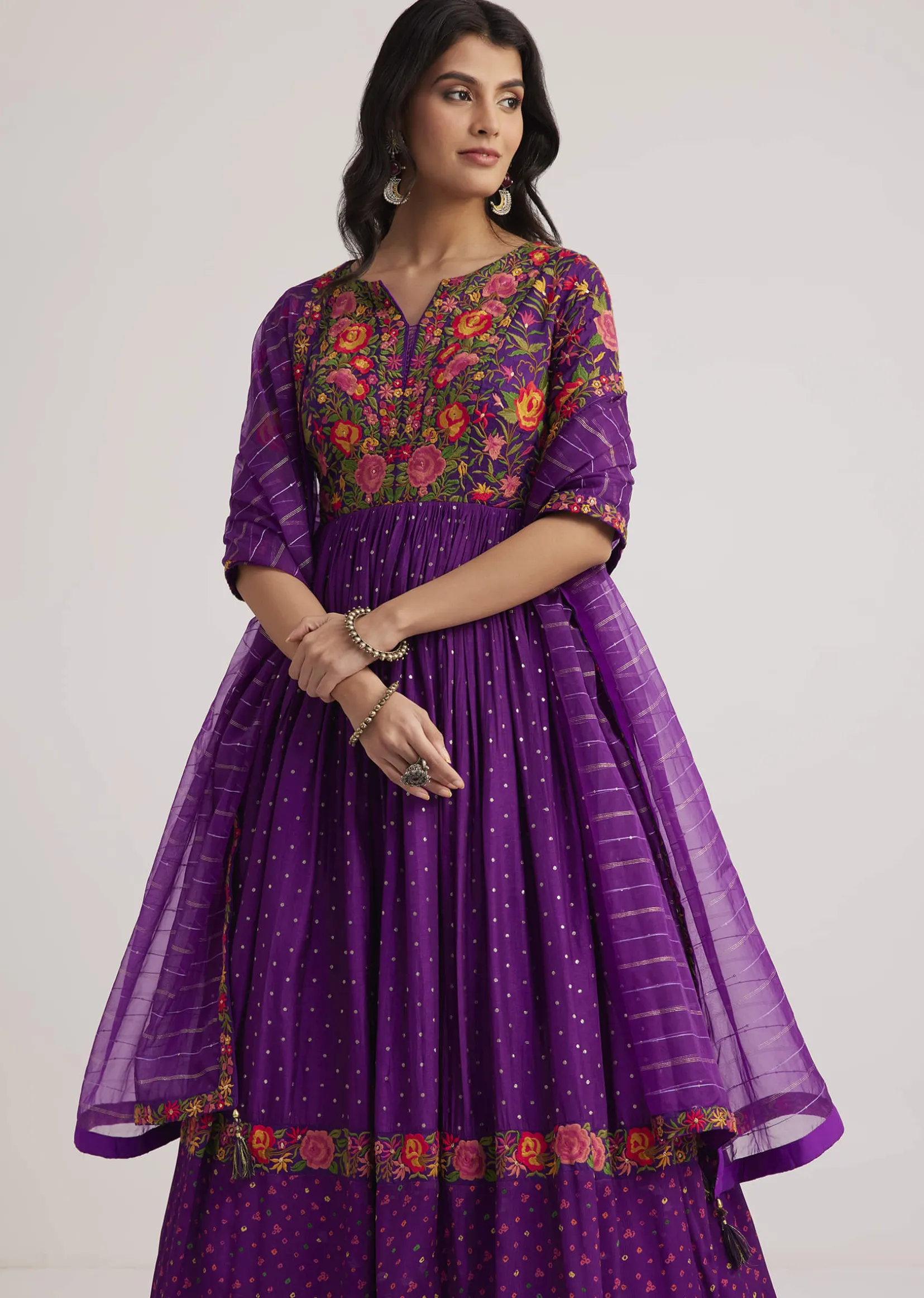 Purple Silk Bandhani Anarkali With Organza Dupatta