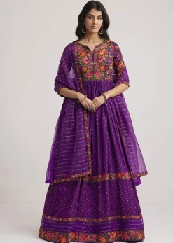 Purple Silk Bandhani Anarkali With Organza Dupatta