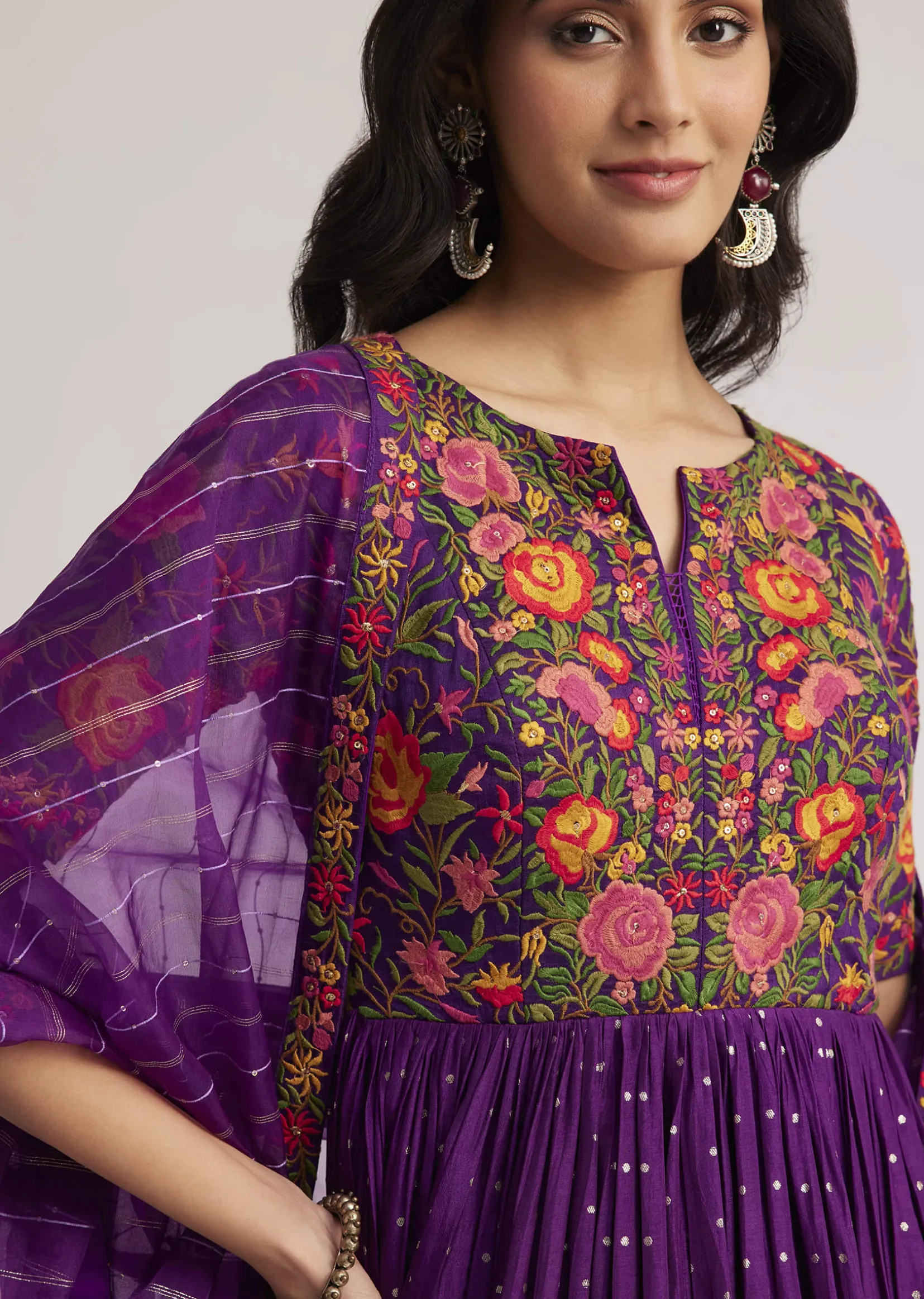 Purple Silk Bandhani Anarkali With Organza Dupatta