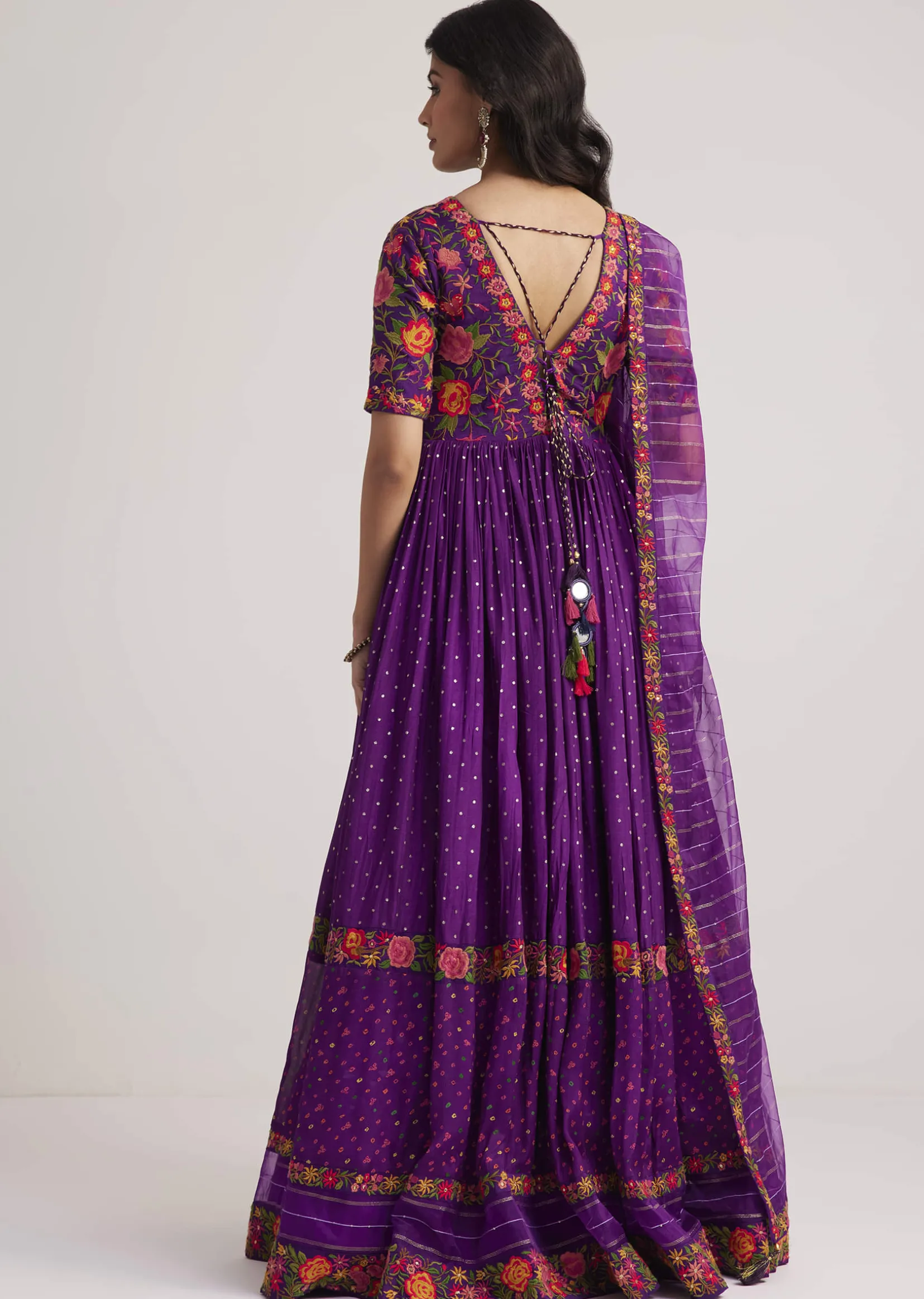 Purple Silk Bandhani Anarkali With Organza Dupatta