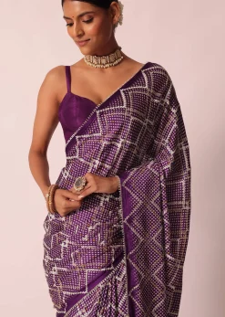 Purple Silk Bandhani Print Saree With Gota Embroidery And Unstitched Blouse Piece