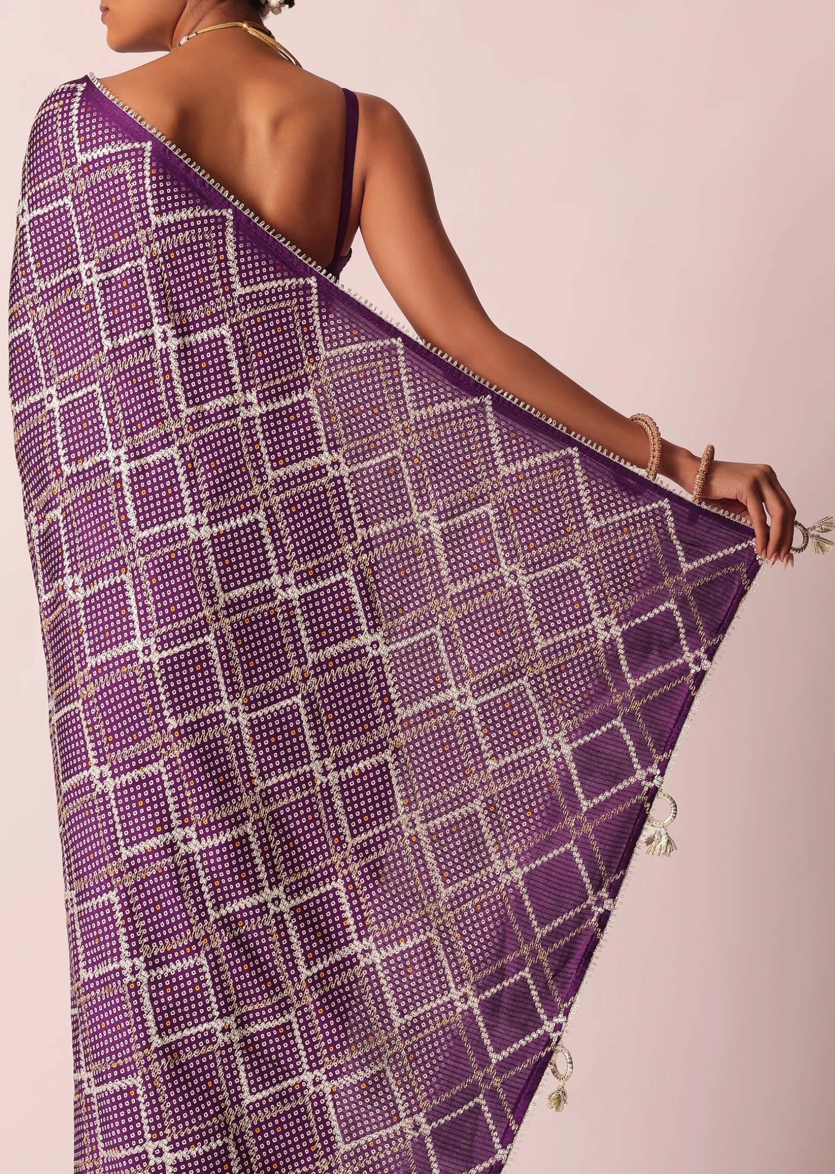Purple Silk Bandhani Print Saree With Gota Embroidery And Unstitched Blouse Piece