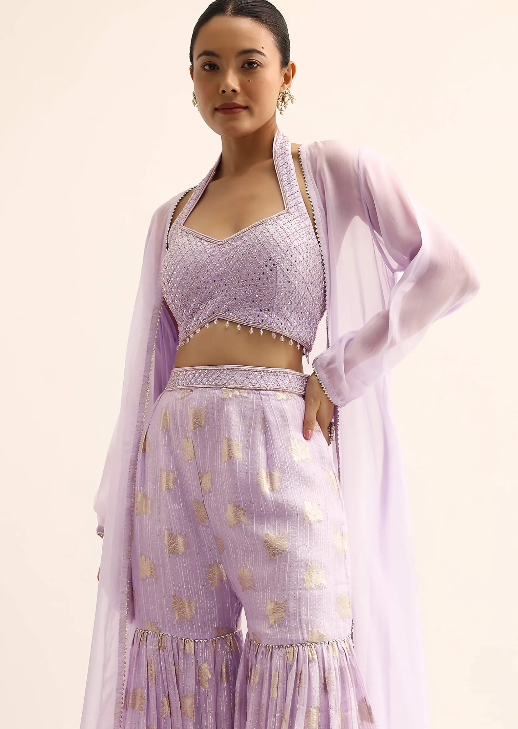 Purple Silk Crop Top With Jacket And Sharara