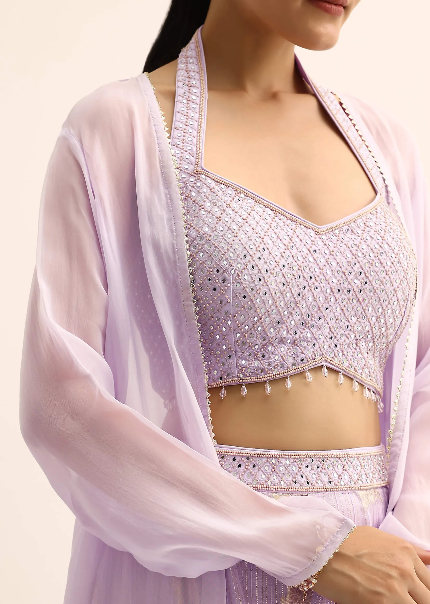 Purple Silk Crop Top With Jacket And Sharara