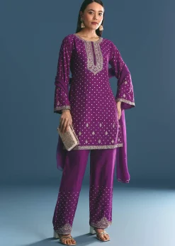 Purple Silk Embroidered Kurta Set With Dupatta