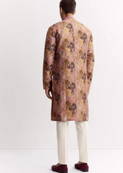 Purple Silk Floral Printed Kurta Set With Mandarin Collar