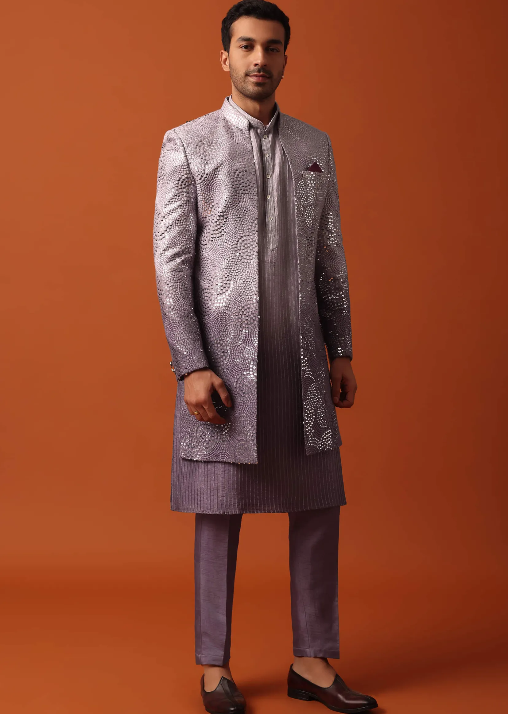 Purple Silk Intricate Sequin Embroidered Sherwani Set