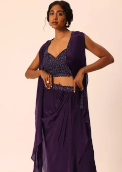 Purple Silk Jacket And Dhoti Set With Sequin Work