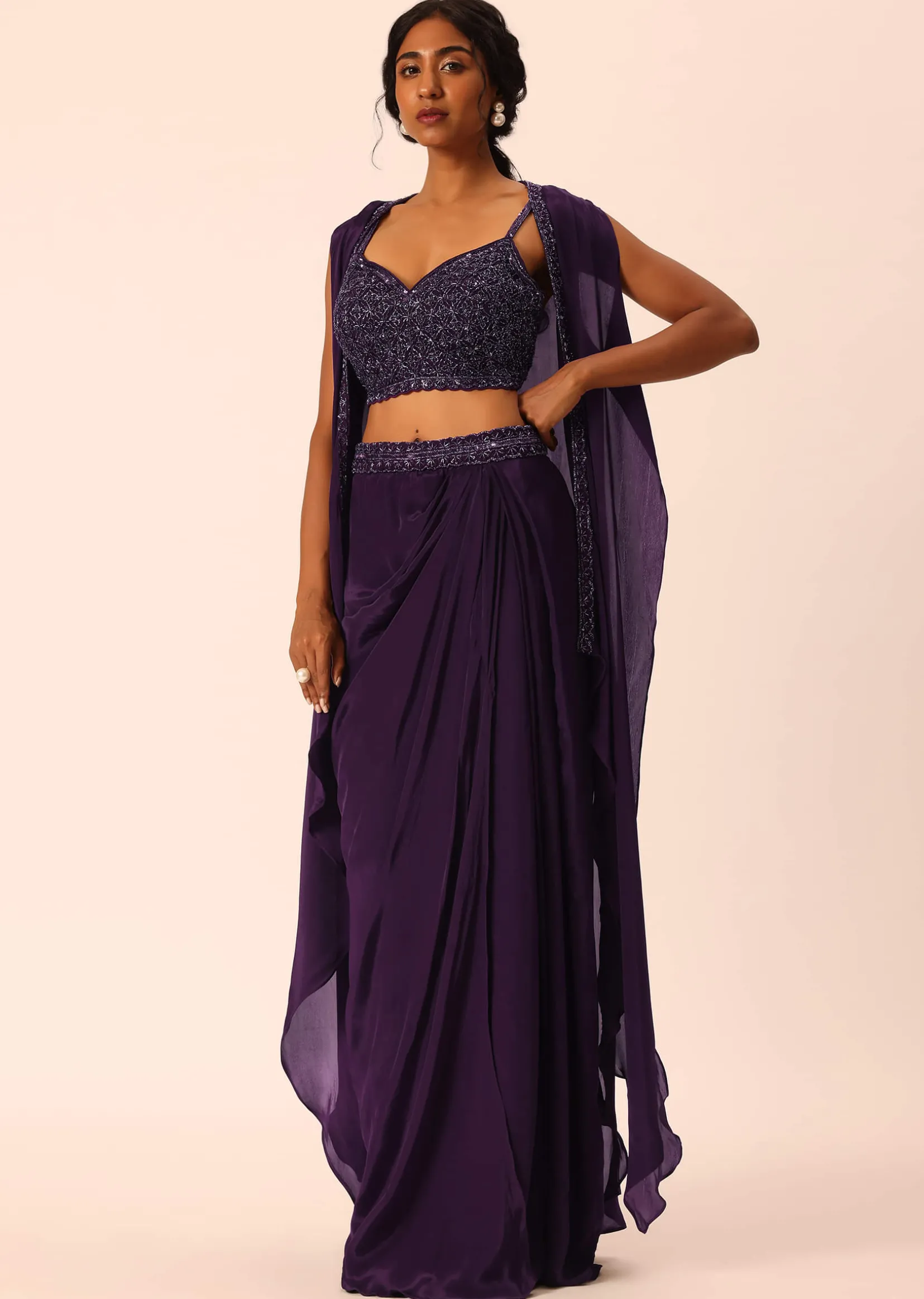 Purple Silk Jacket And Dhoti Set With Sequin Work