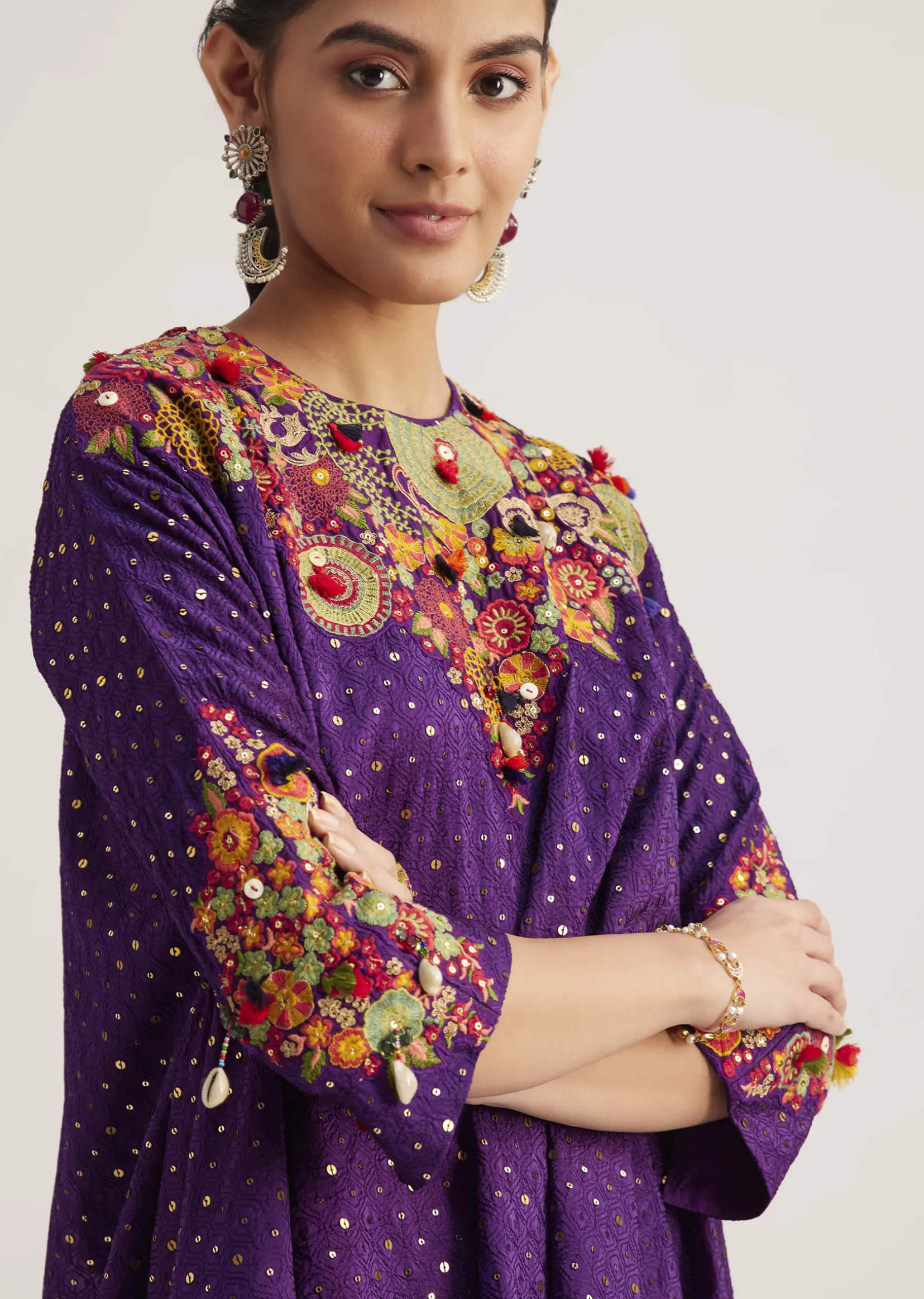 Purple Silk Kurta Dhoti Set With Resham Embroidery And Tassel Details