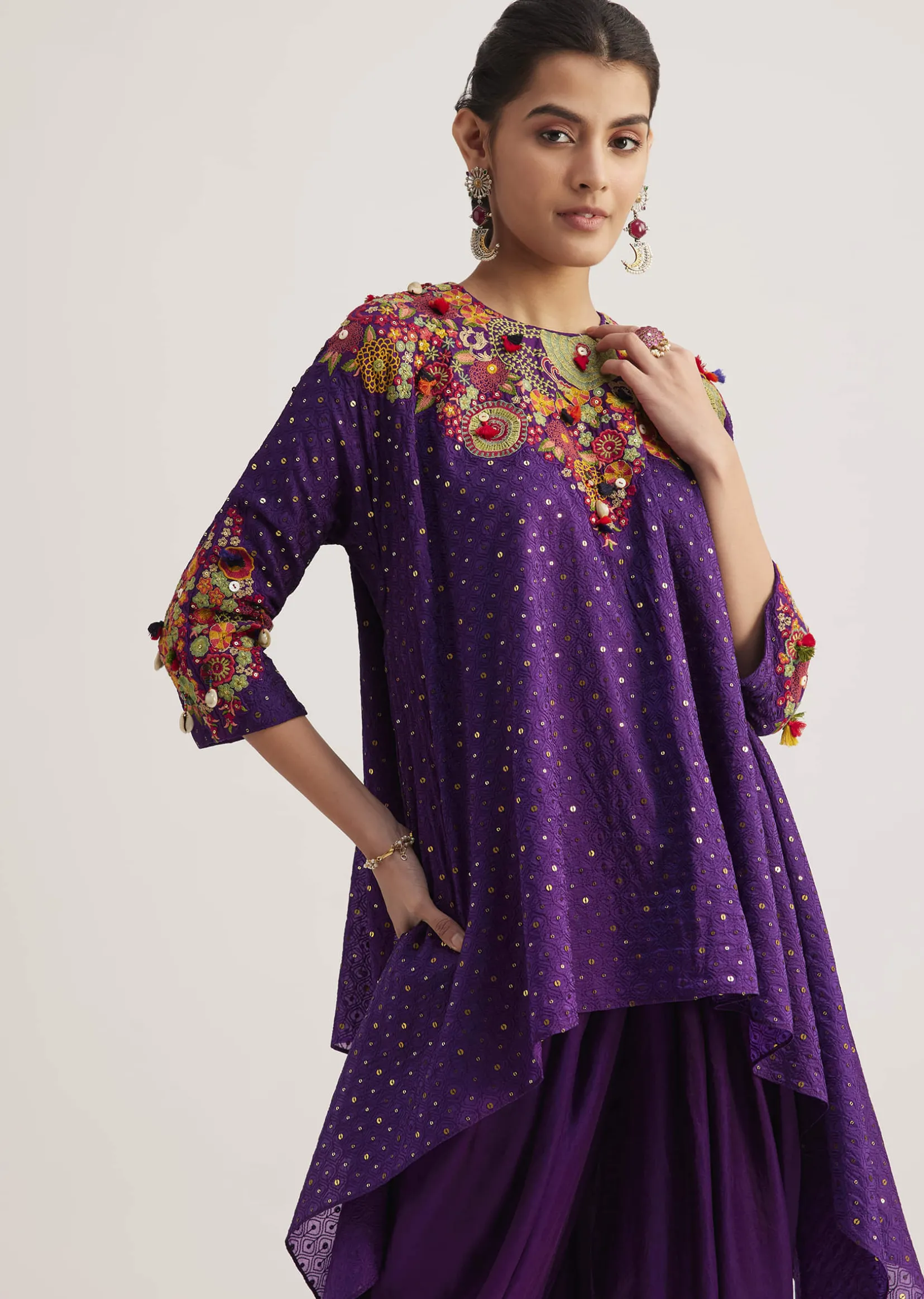 Purple Silk Kurta Dhoti Set With Resham Embroidery And Tassel Details