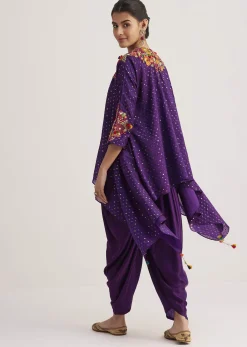 Purple Silk Kurta Dhoti Set With Resham Embroidery And Tassel Details