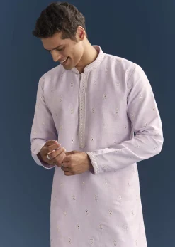 Purple Silk Kurta Set For Men With Mirror Embroidery