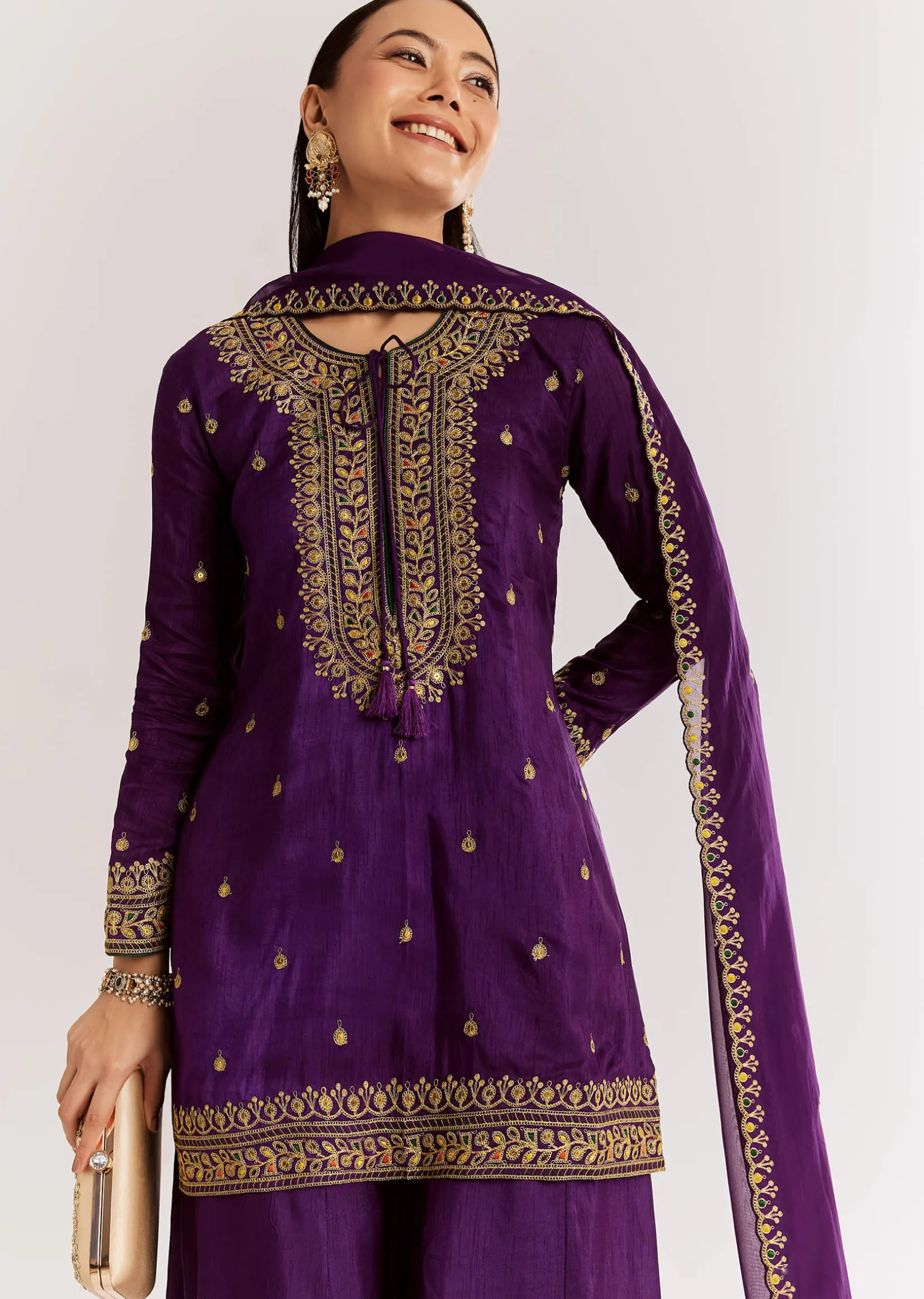 Purple Silk Kurta Set With Zari Butti And Border Work