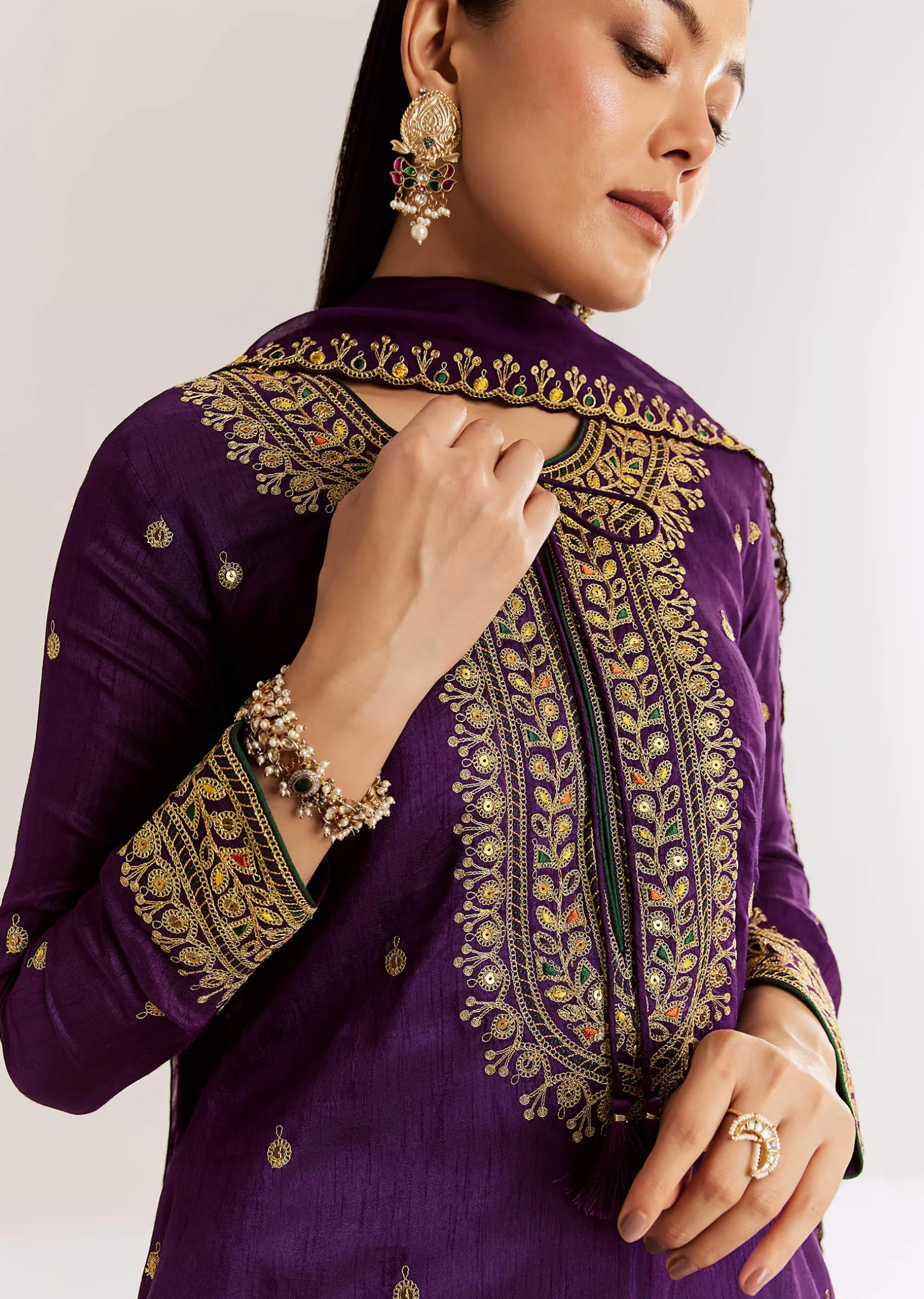 Purple Silk Kurta Set With Zari Butti And Border Work