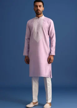 Purple Silk Kurta Set With Hand Embroidery