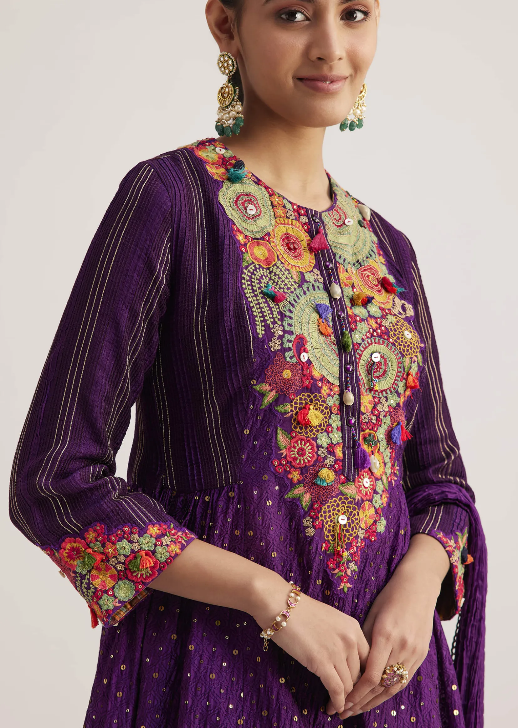 Purple Silk Kurta Set With Resham Embroidery And Dupatta